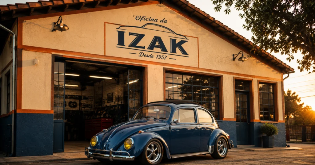 Fachada da Oficina do Izak com Fusca clássico estacionado na entrada, oficina mecânica em Niterói desde 1957, VW Air-cooled